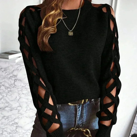 Black Casual Womens Cut Out Raglan Sleeve Crisscross Sweater - Picture 2 of 5